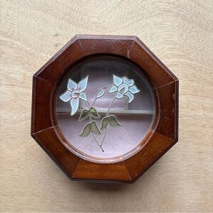 Vtg 90s Wooden Jewelry Box w/ Stained Glass Flowers & Pink Lining-Octagonal-6.5"